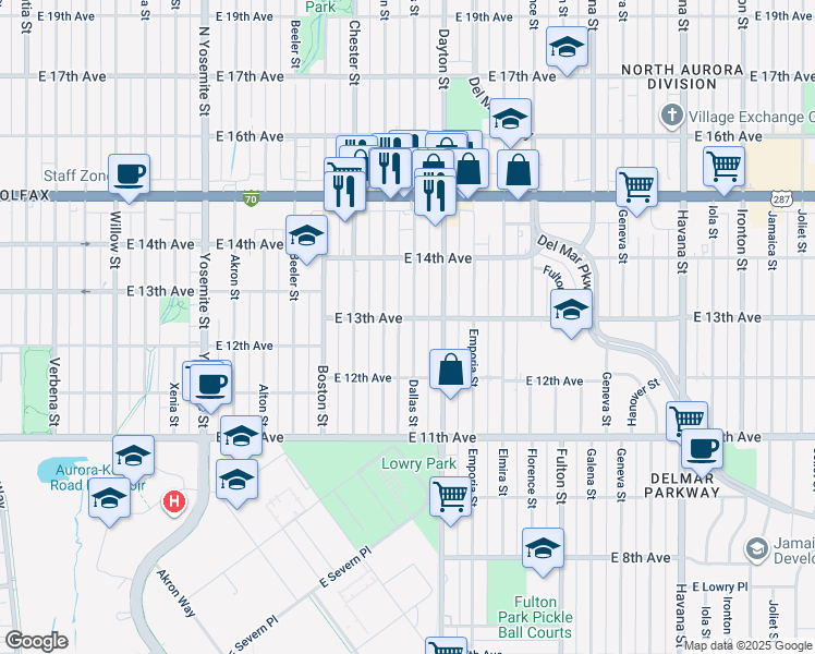 map of restaurants, bars, coffee shops, grocery stores, and more near 1301 Dallas Street in Aurora