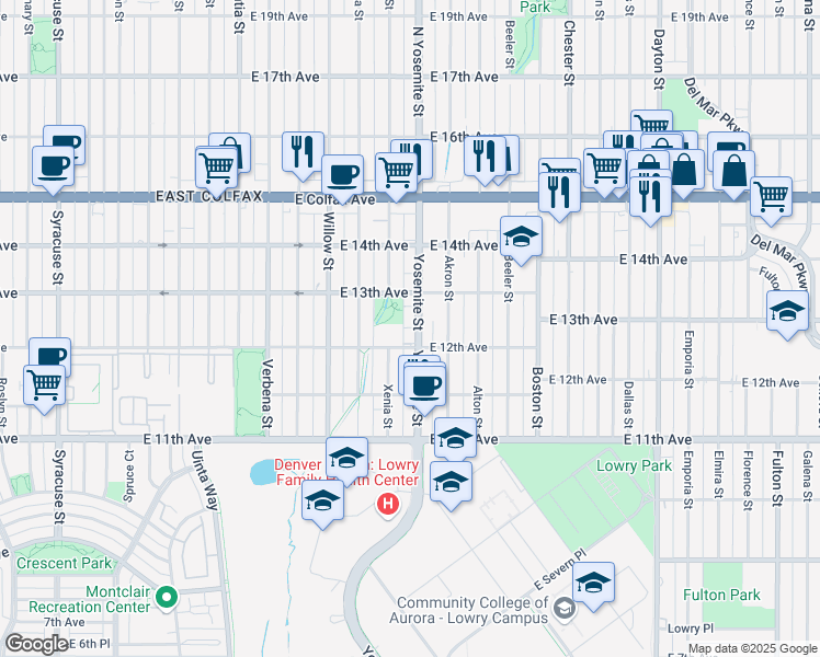 map of restaurants, bars, coffee shops, grocery stores, and more near 1260 Yosemite Street in Denver