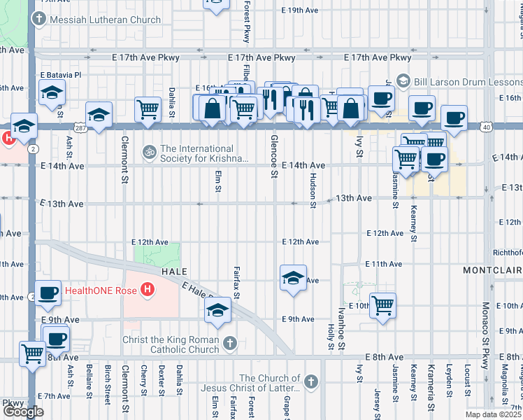 map of restaurants, bars, coffee shops, grocery stores, and more near 1292 Forest Street in Denver