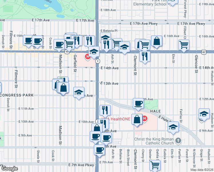 map of restaurants, bars, coffee shops, grocery stores, and more near 1280 Albion Street in Denver