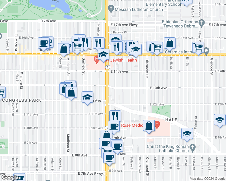 map of restaurants, bars, coffee shops, grocery stores, and more near 1270 Colorado 2 in Denver