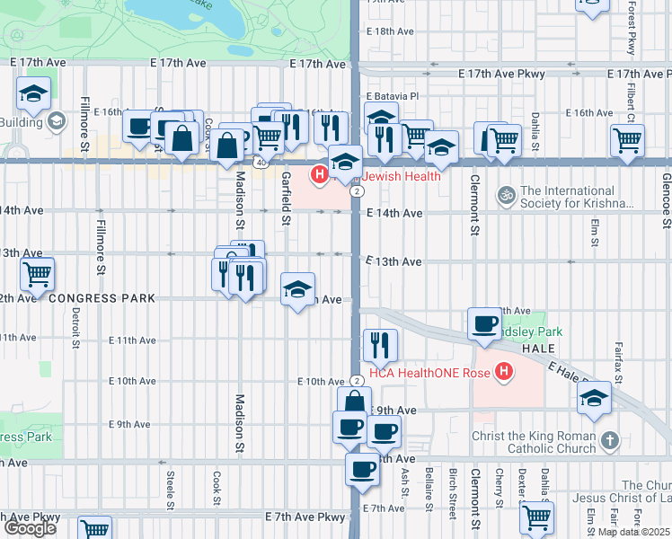 map of restaurants, bars, coffee shops, grocery stores, and more near 1268 Harrison Street in Denver