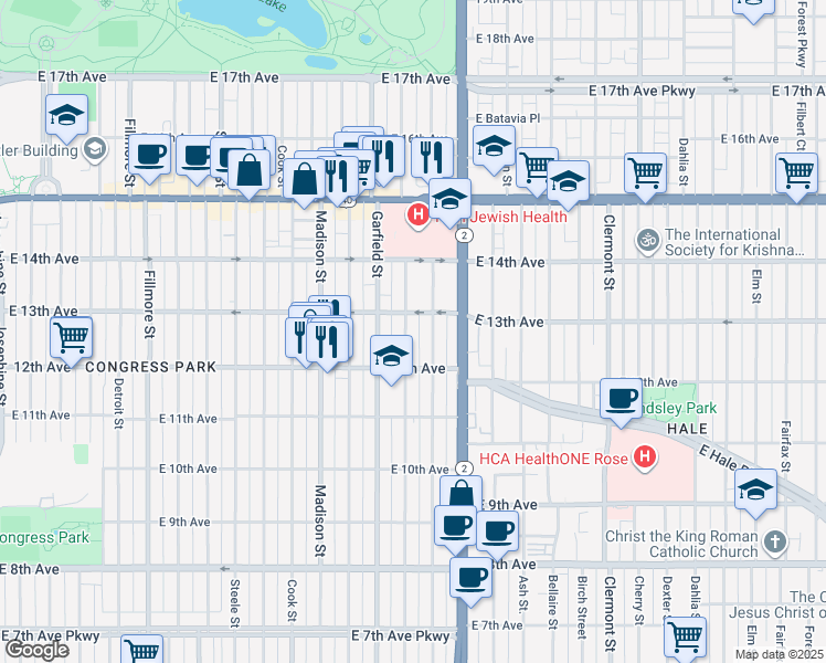 map of restaurants, bars, coffee shops, grocery stores, and more near 1257 Jackson Street in Denver
