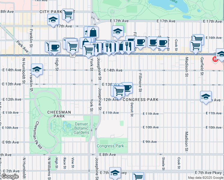 map of restaurants, bars, coffee shops, grocery stores, and more near 1265 Elizabeth Street in Denver