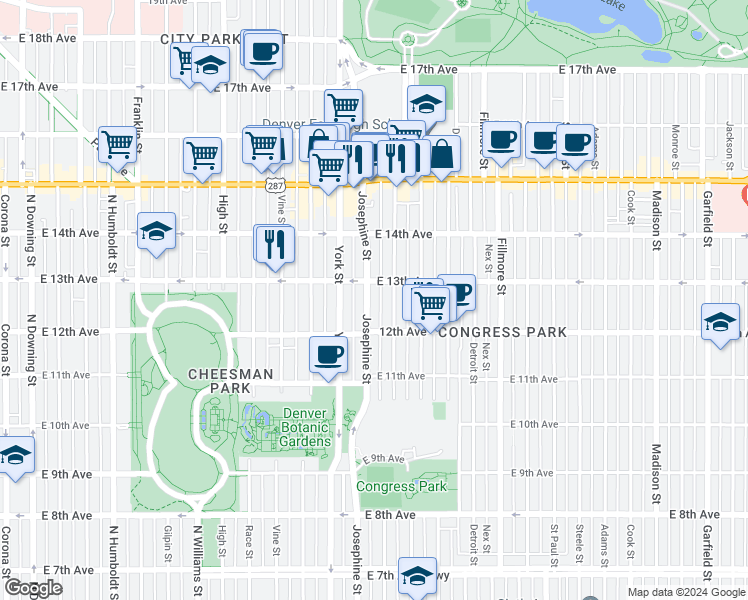 map of restaurants, bars, coffee shops, grocery stores, and more near 1269 Columbine Street in Denver