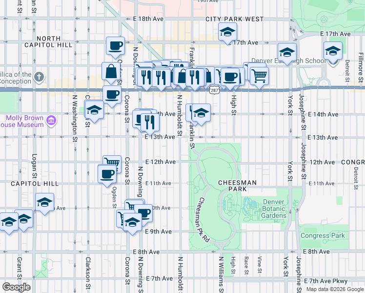 map of restaurants, bars, coffee shops, grocery stores, and more near in Denver