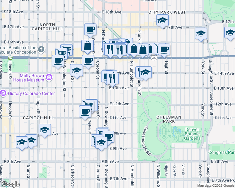 map of restaurants, bars, coffee shops, grocery stores, and more near 1270 North Marion Street in Denver