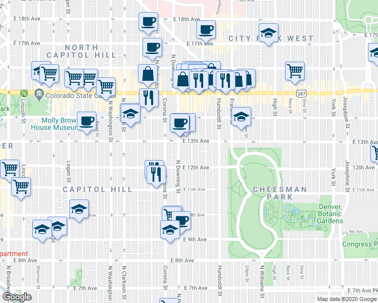 map of restaurants, bars, coffee shops, grocery stores, and more near 1270 North Marion Street in Denver