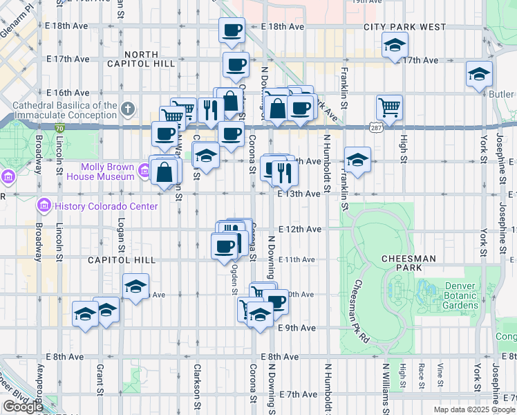 map of restaurants, bars, coffee shops, grocery stores, and more near in Denver