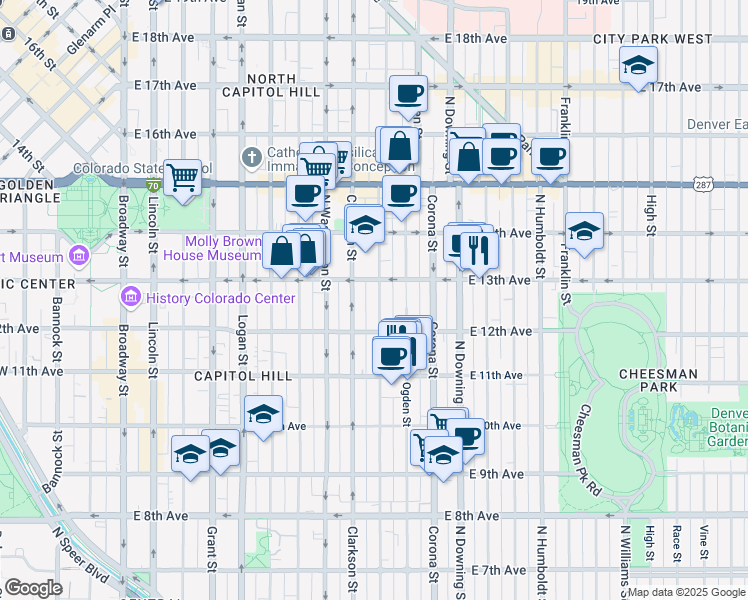 map of restaurants, bars, coffee shops, grocery stores, and more near 1276 Emerson Street in Denver