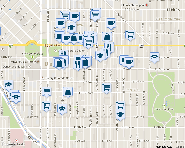 map of restaurants, bars, coffee shops, grocery stores, and more near 1275 North Washington Street in Denver