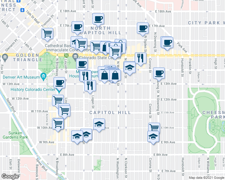 map of restaurants, bars, coffee shops, grocery stores, and more near 1275 North Washington Street in Denver