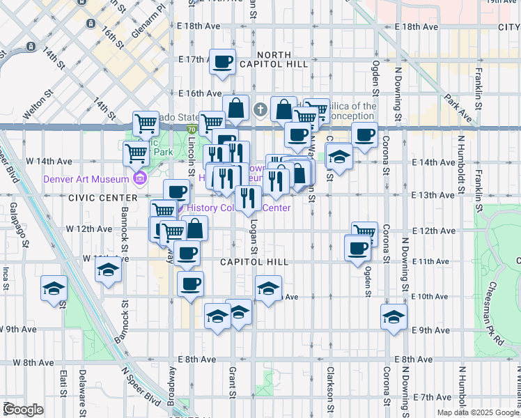 map of restaurants, bars, coffee shops, grocery stores, and more near 1250 Logan Street in Denver