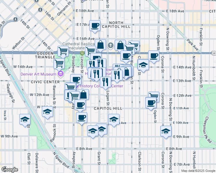 map of restaurants, bars, coffee shops, grocery stores, and more near 1250 Logan Street in Denver