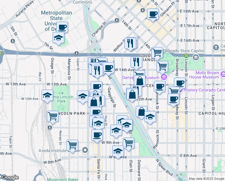 map of restaurants, bars, coffee shops, grocery stores, and more near 1250 Galapago Street in Denver