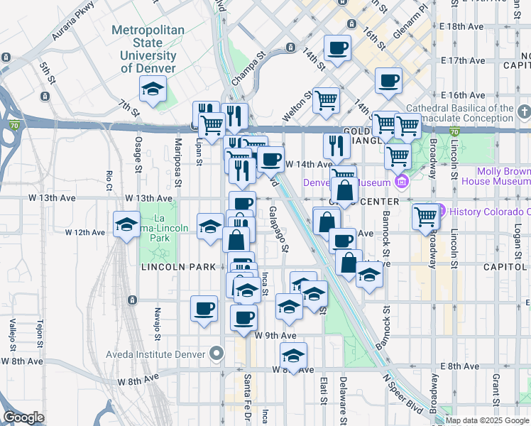map of restaurants, bars, coffee shops, grocery stores, and more near 1250 Galapago Street in Denver