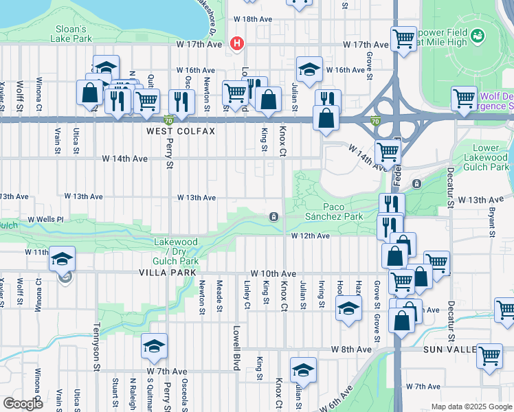 map of restaurants, bars, coffee shops, grocery stores, and more near 3550 West 13th Avenue in Denver