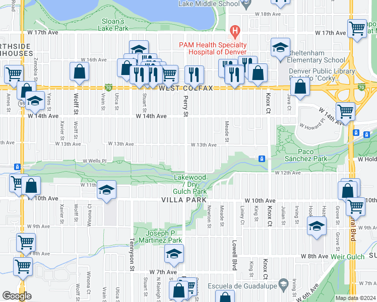 map of restaurants, bars, coffee shops, grocery stores, and more near 3978 West 13th Avenue in Denver