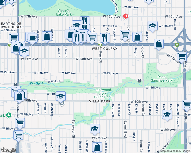 map of restaurants, bars, coffee shops, grocery stores, and more near 1295 Quitman Street in Denver