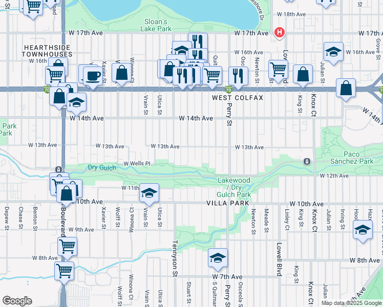 map of restaurants, bars, coffee shops, grocery stores, and more near 1297 Raleigh Street in Denver