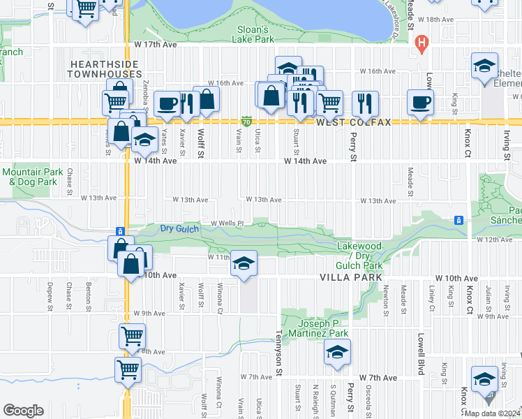 map of restaurants, bars, coffee shops, grocery stores, and more near 4444 West 13th Avenue in Denver