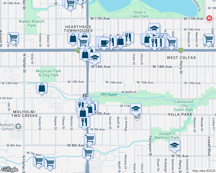 map of restaurants, bars, coffee shops, grocery stores, and more near 4860 West 13th Avenue in Denver