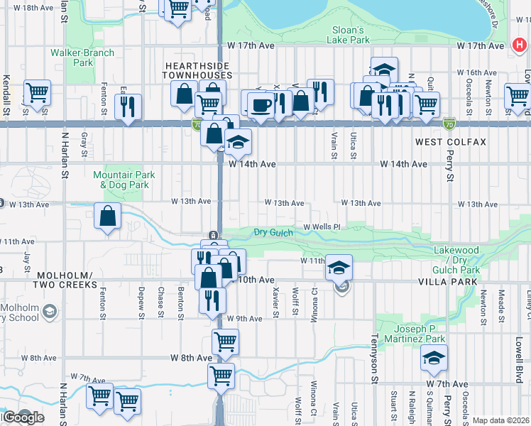 map of restaurants, bars, coffee shops, grocery stores, and more near 1285 Yates Street in Denver