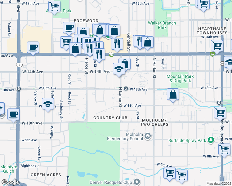 map of restaurants, bars, coffee shops, grocery stores, and more near 1283 North Lamar Street in Lakewood