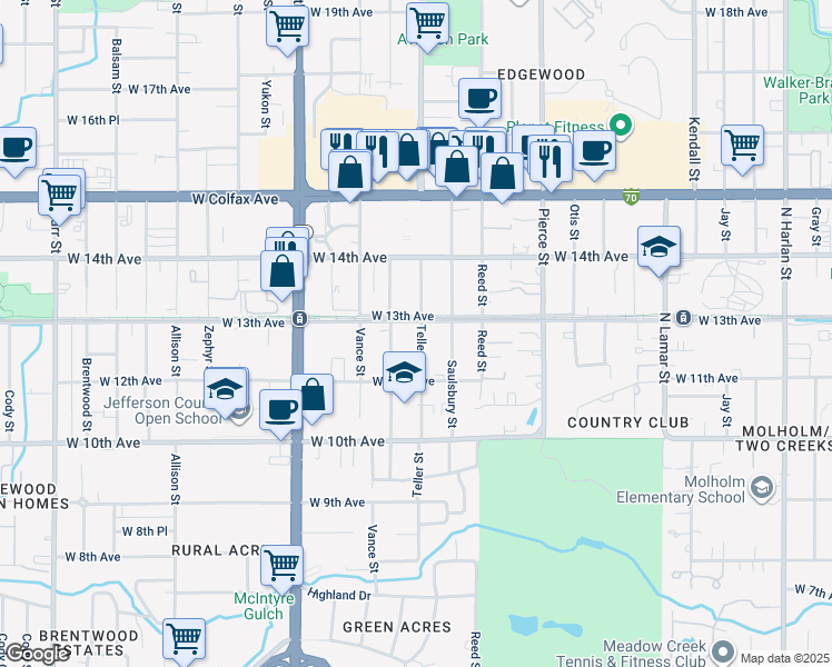map of restaurants, bars, coffee shops, grocery stores, and more near 7175 West 13th Avenue in Lakewood
