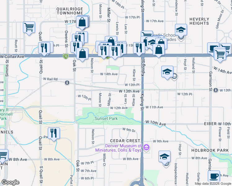 map of restaurants, bars, coffee shops, grocery stores, and more near 10390 West 13th Avenue in Lakewood