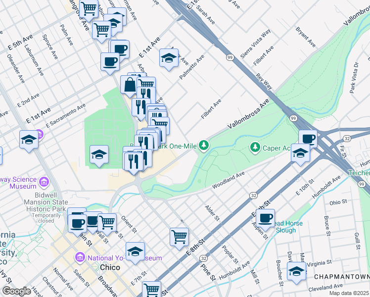 map of restaurants, bars, coffee shops, grocery stores, and more near 611 Arbutus Avenue in Chico