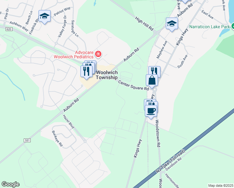map of restaurants, bars, coffee shops, grocery stores, and more near 101 Village Green Drive in Woolwich Township