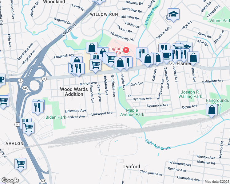 map of restaurants, bars, coffee shops, grocery stores, and more near 116 Brookside Avenue in Wilmington