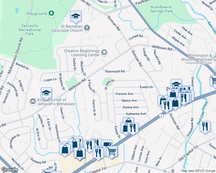 map of restaurants, bars, coffee shops, grocery stores, and more near 48A Saint John Drive in Wilmington