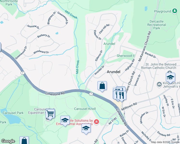 map of restaurants, bars, coffee shops, grocery stores, and more near 2909 Crossfork Drive in Wilmington