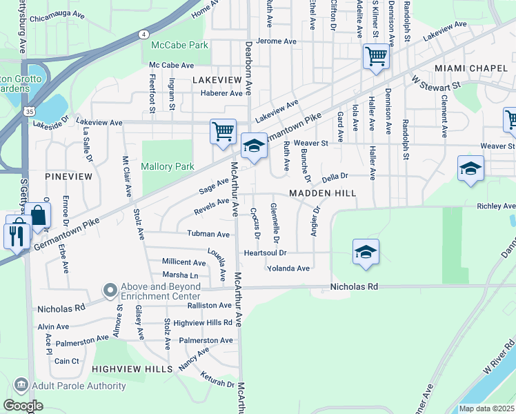 map of restaurants, bars, coffee shops, grocery stores, and more near 1108 Crocus Drive in Dayton