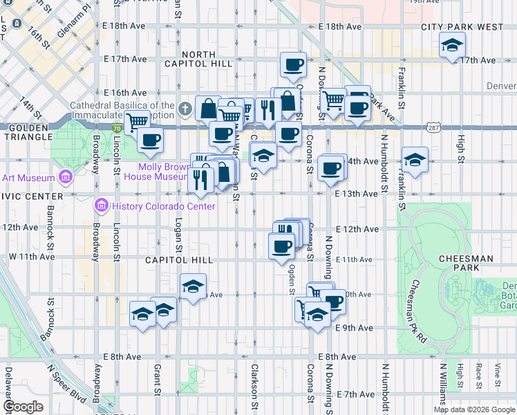 map of restaurants, bars, coffee shops, grocery stores, and more near 1262 North Clarkson street in Denver