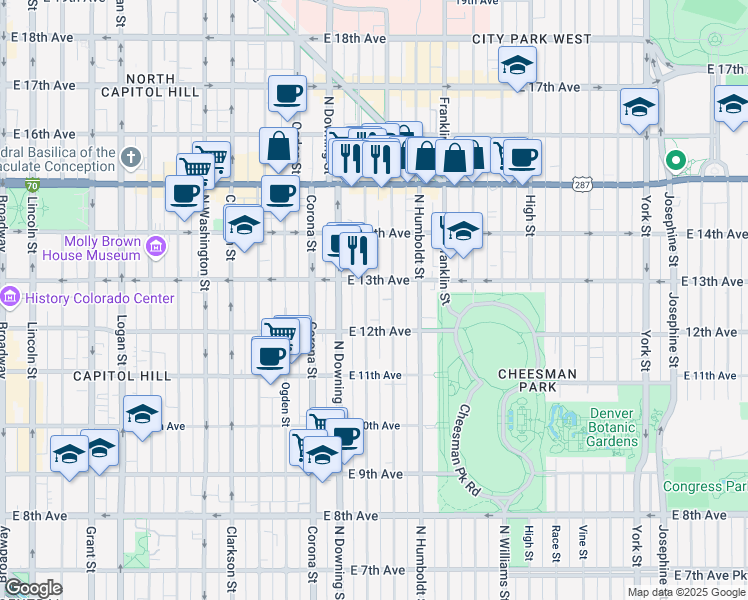 map of restaurants, bars, coffee shops, grocery stores, and more near 1270 North Marion Street in Denver