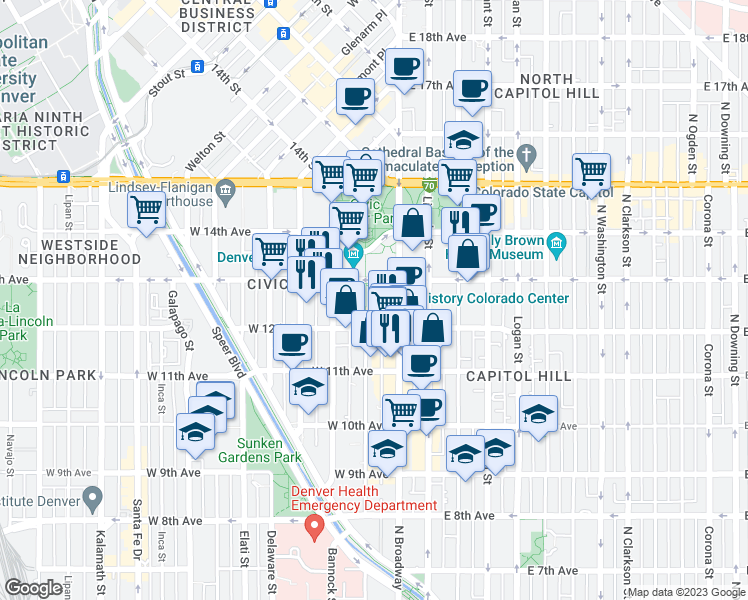 map of restaurants, bars, coffee shops, grocery stores, and more near 1255 Broadway in Denver