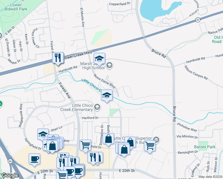map of restaurants, bars, coffee shops, grocery stores, and more near 2 Notre Dame Boulevard in Chico