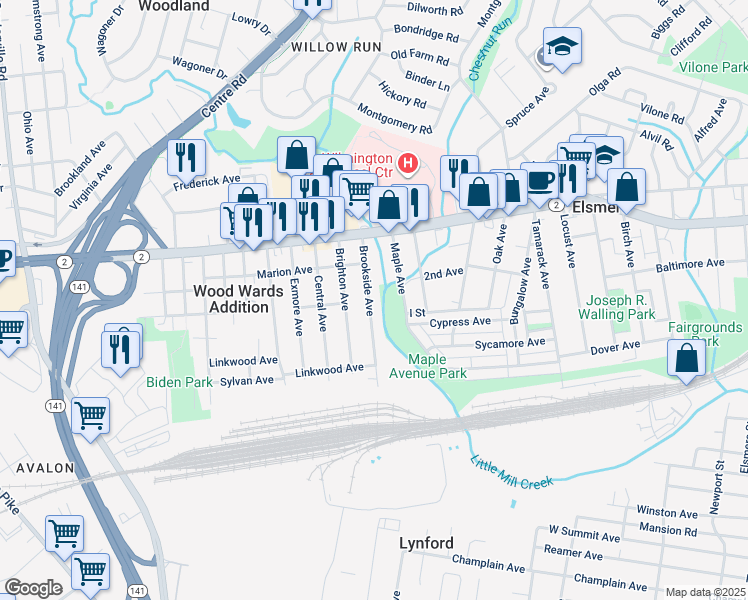 map of restaurants, bars, coffee shops, grocery stores, and more near 116 Brookside Avenue in Wilmington