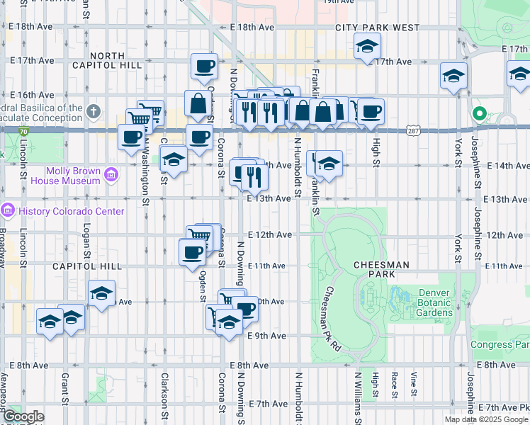 map of restaurants, bars, coffee shops, grocery stores, and more near 1258 Marion Street in Denver
