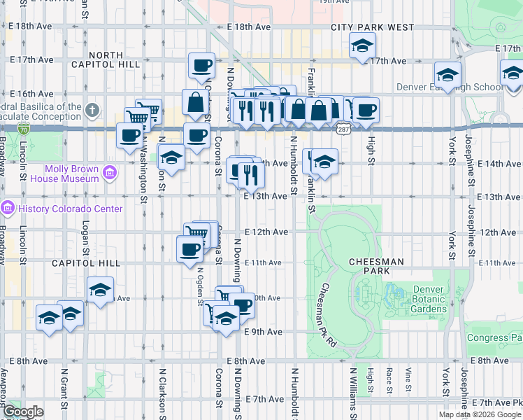 map of restaurants, bars, coffee shops, grocery stores, and more near 1270 North Marion Street in Denver