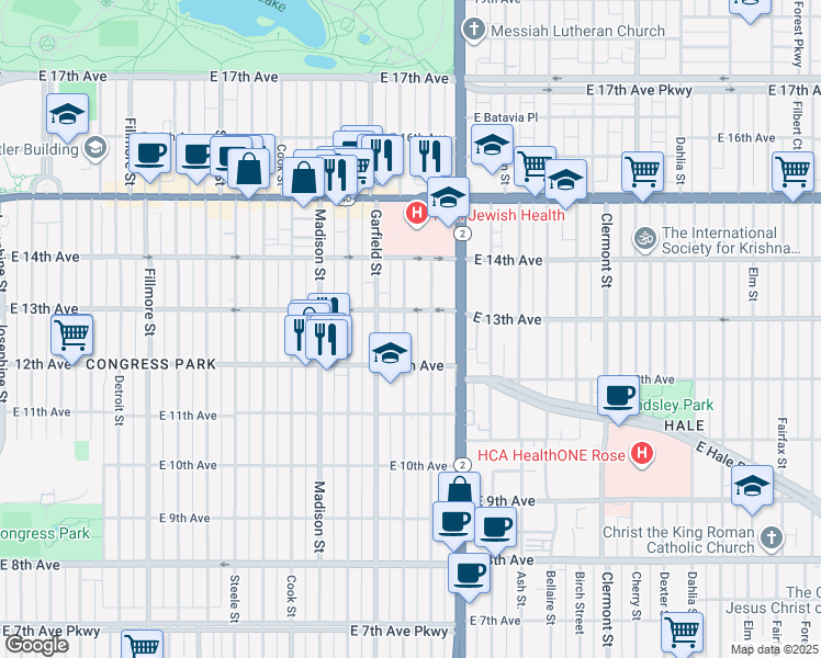 map of restaurants, bars, coffee shops, grocery stores, and more near 1257 Jackson Street in Denver