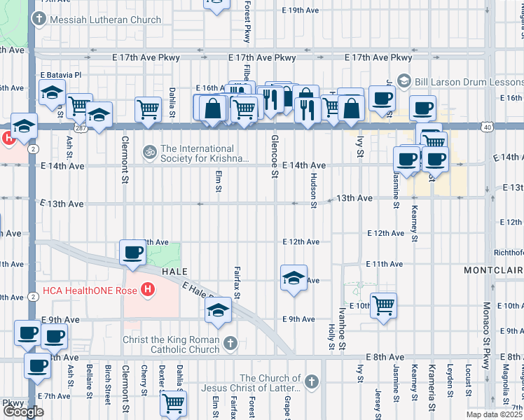 map of restaurants, bars, coffee shops, grocery stores, and more near 1292 Forest Street in Denver