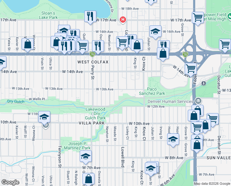 map of restaurants, bars, coffee shops, grocery stores, and more near 3710 West 13th Avenue in Denver