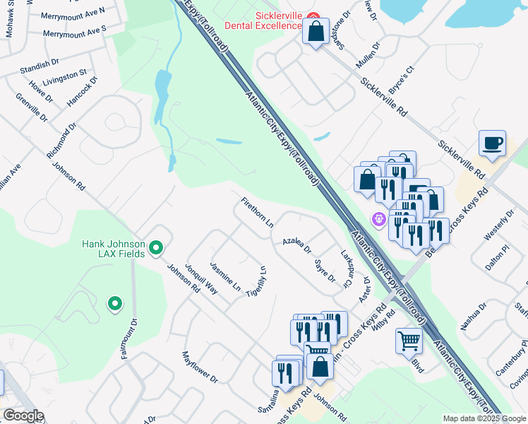 map of restaurants, bars, coffee shops, grocery stores, and more near 5 Firethorn Lane in Sicklerville
