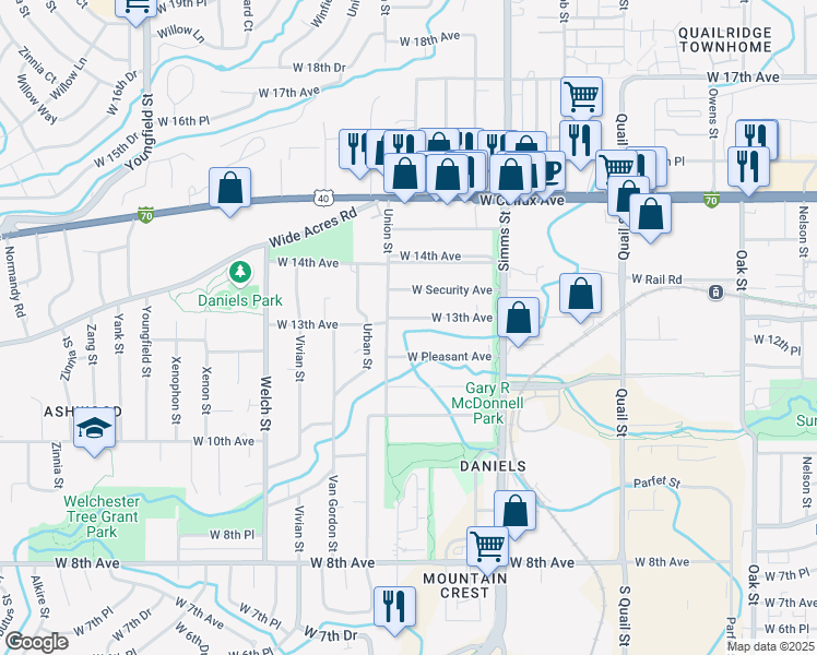 map of restaurants, bars, coffee shops, grocery stores, and more near 11920 West 13th Avenue in Golden