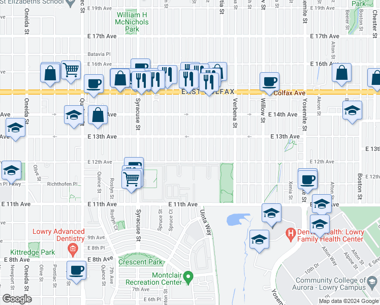 map of restaurants, bars, coffee shops, grocery stores, and more near 1231 Ulster Street in Denver