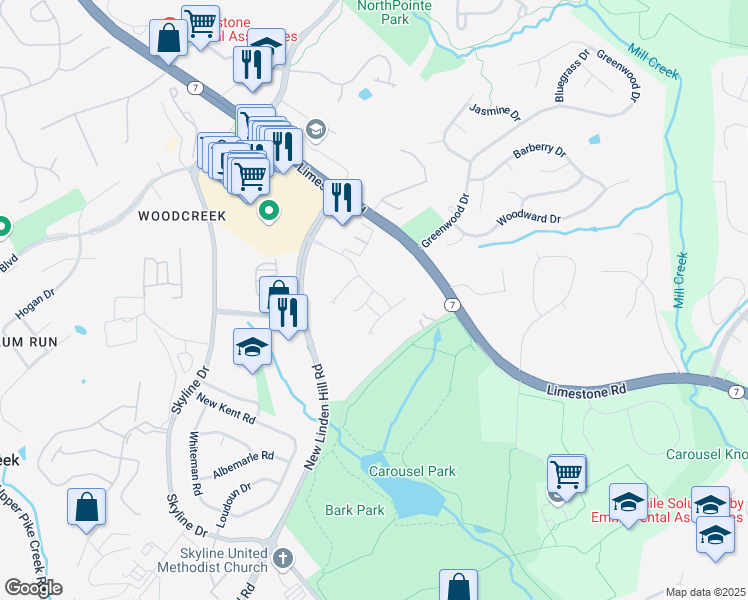 map of restaurants, bars, coffee shops, grocery stores, and more near 143 South Riding Boulevard in Wilmington